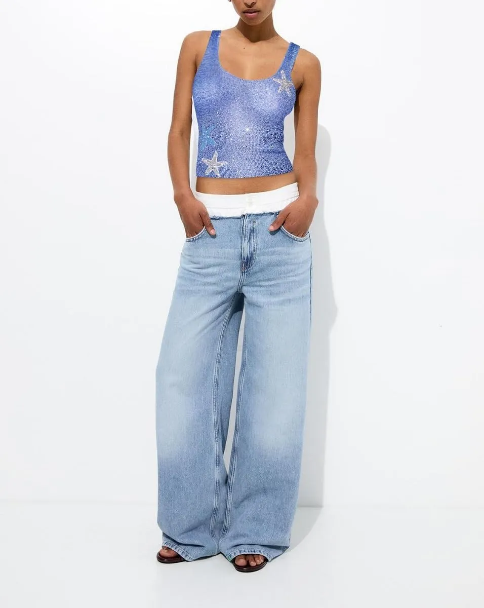 Women Starfish Sequin Tank Top Y2K Knit Glitter Cami Top Star Print Sleeveless Crop Top Going Out Streewear