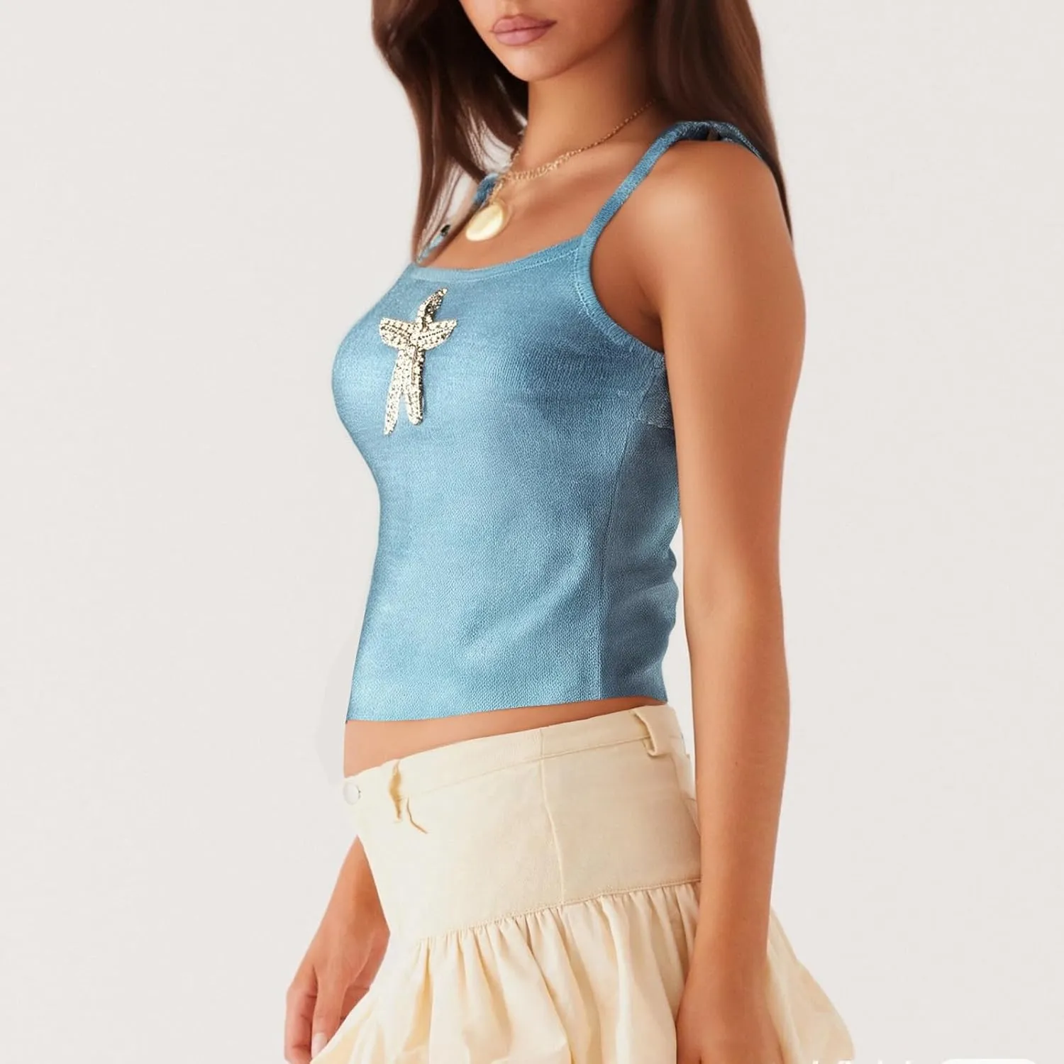 Women Starfish Sequin Tank Top Y2K Knit Glitter Cami Top Star Print Sleeveless Crop Top Going Out Streewear