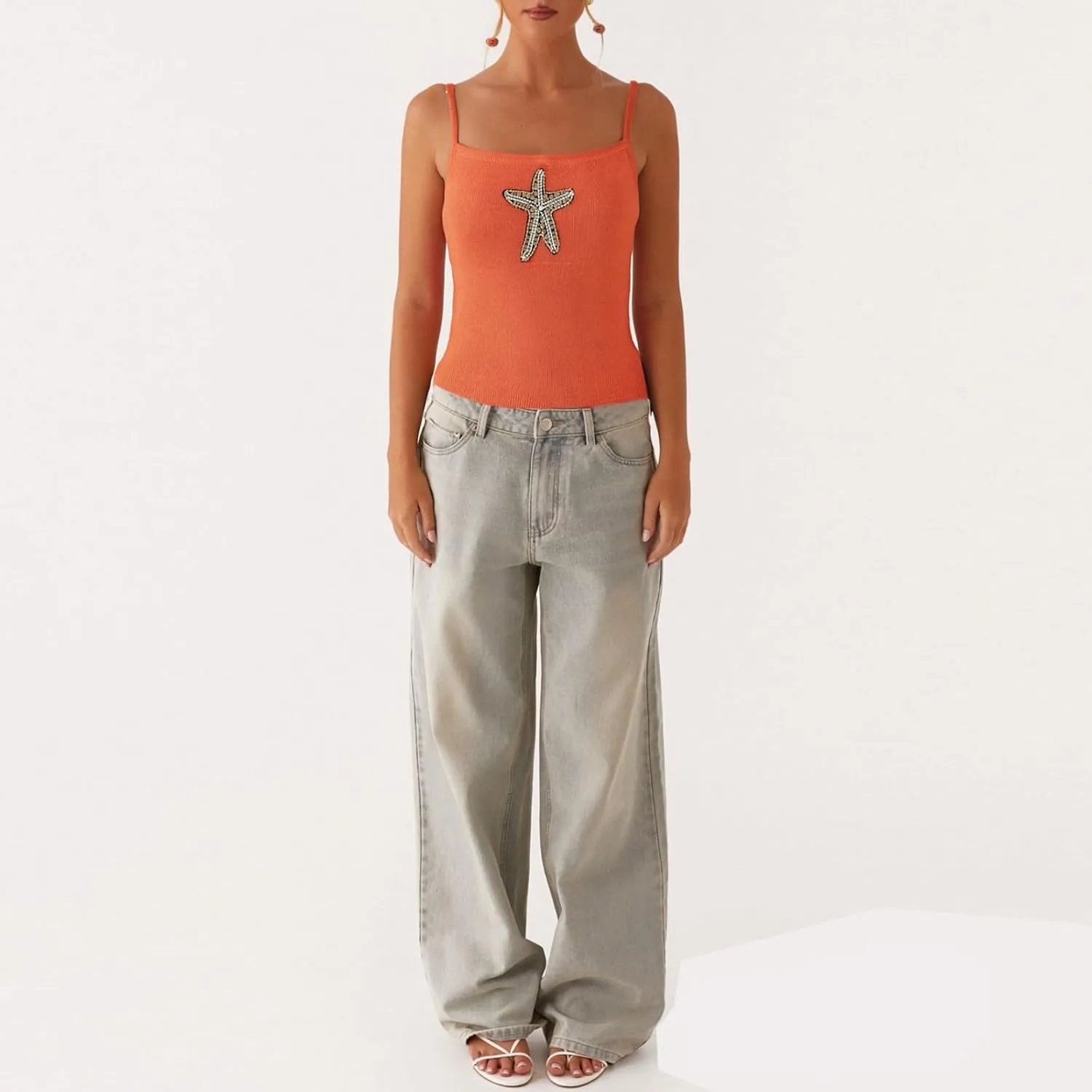 Women Starfish Sequin Tank Top Y2K Knit Glitter Cami Top Star Print Sleeveless Crop Top Going Out Streewear