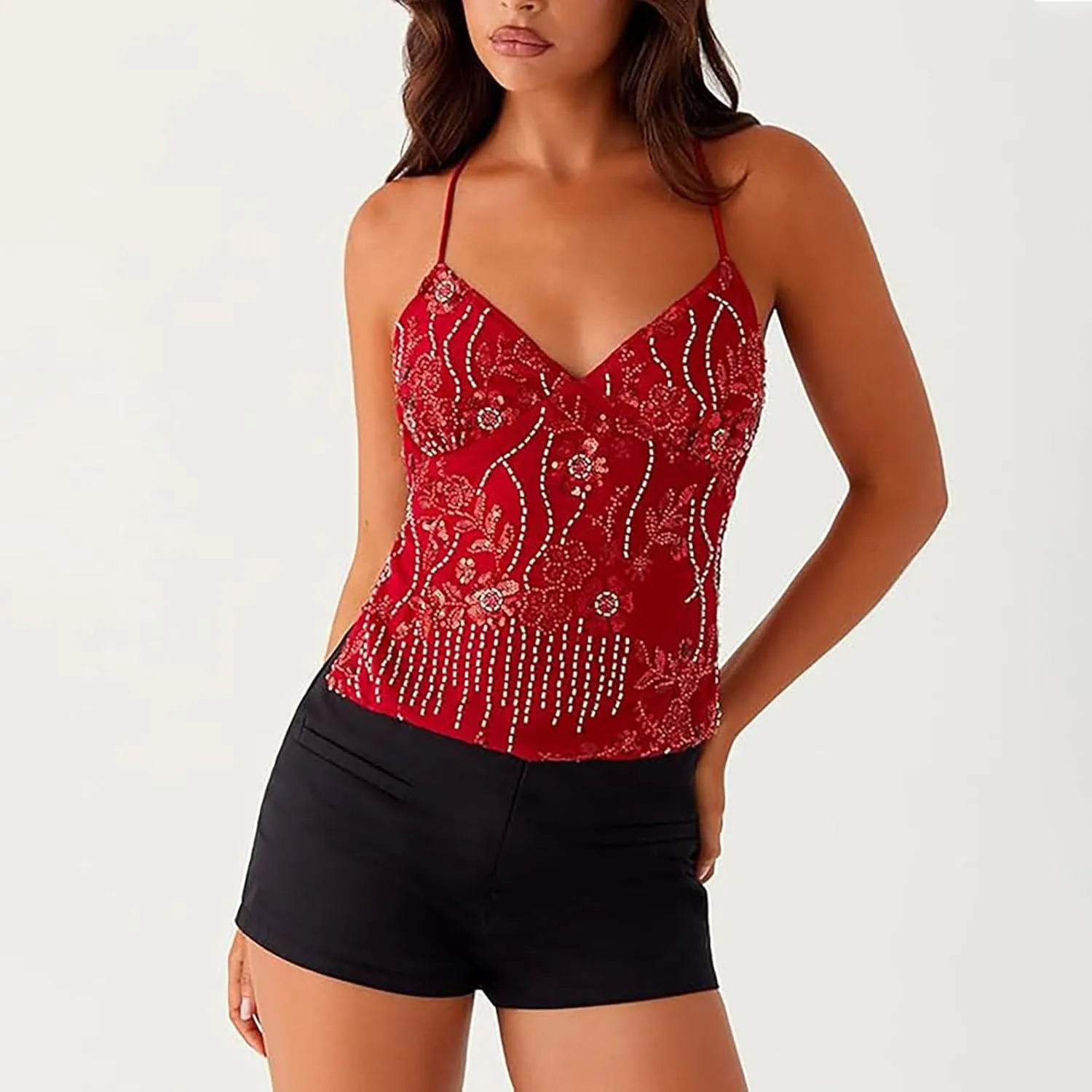 Women Summer Sequin Halter Top Open Back Embellished Tank Top Sleeveless Backless V Neck Camisole Going Out Crop Top