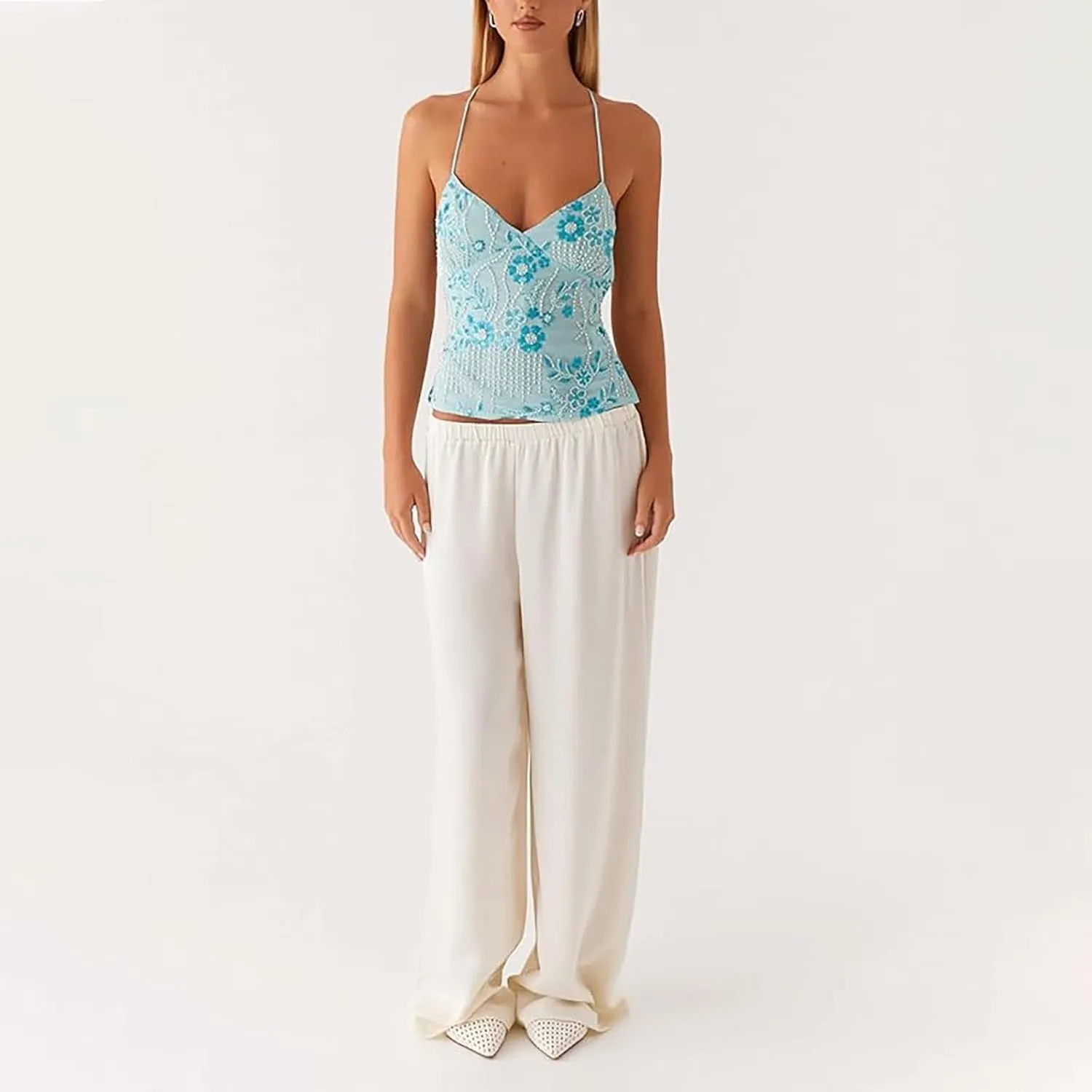 Women Summer Sequin Halter Top Open Back Embellished Tank Top Sleeveless Backless V Neck Camisole Going Out Crop Top