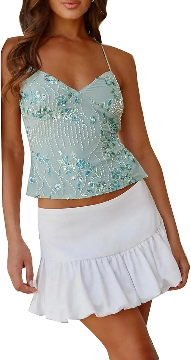 Women Summer Sequin Halter Top Open Back Embellished Tank Top Sleeveless Backless V Neck Camisole Going Out Crop Top