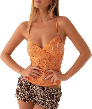 Women Summer Sequin Halter Top Open Back Embellished Tank Top Sleeveless Backless V Neck Camisole Going Out Crop Top