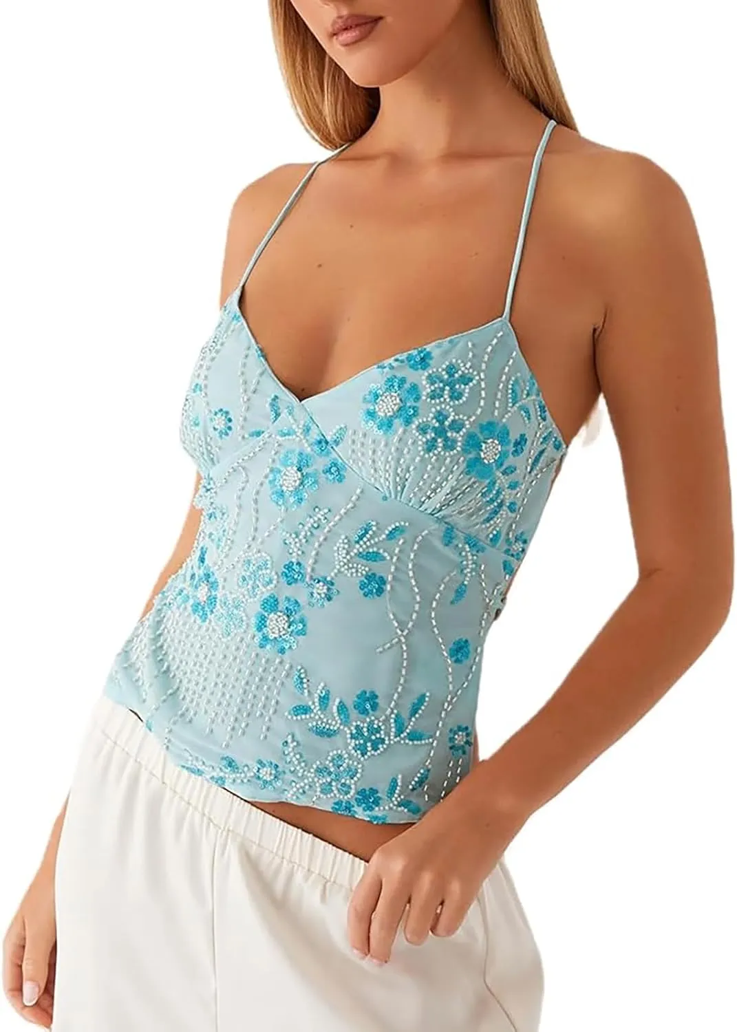 Women Summer Sequin Halter Top Open Back Embellished Tank Top Sleeveless Backless V Neck Camisole Going Out Crop Top