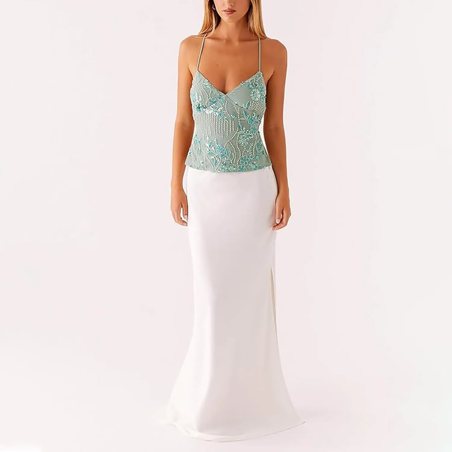 Women Summer Sequin Halter Top Open Back Embellished Tank Top Sleeveless Backless V Neck Camisole Going Out Crop Top