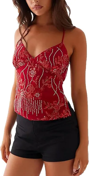Women Summer Sequin Halter Top Open Back Embellished Tank Top Sleeveless Backless V Neck Camisole Going Out Crop Top