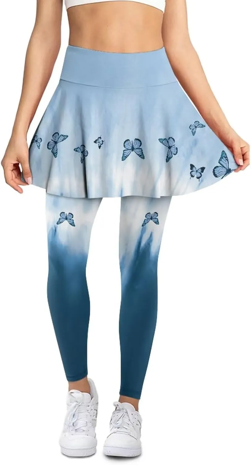 Women Tennis Skirted Leggings with Pockets Yoga Leggings with Skirts&Tennis Pickleball Clothing