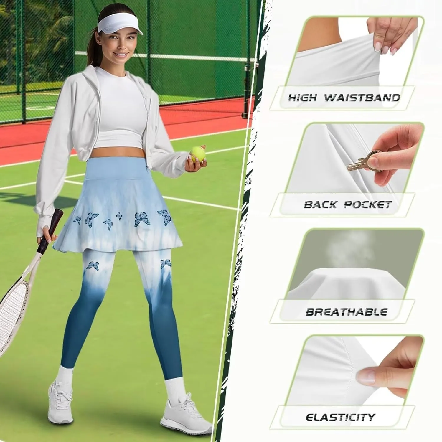 Women Tennis Skirted Leggings with Pockets Yoga Leggings with Skirts&Tennis Pickleball Clothing