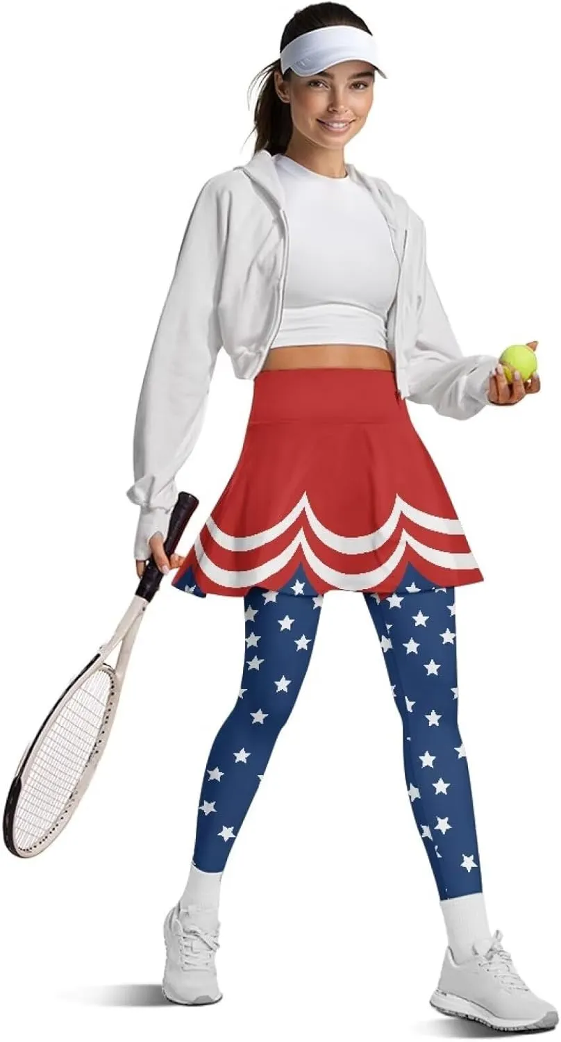 Women Tennis Skirted Leggings with Pockets Yoga Leggings with Skirts&Tennis Pickleball Clothing