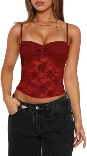 Women y2k Floral Cami Tank Top Sexy Sleeveless Spaghetti Strap Top Vintage Lace Trim Top Summer Going Out Camisole