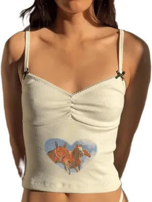 Women y2k Floral Cami Tank Top Sexy Sleeveless Spaghetti Strap Top Vintage Lace Trim Top Summer Going Out Camisole