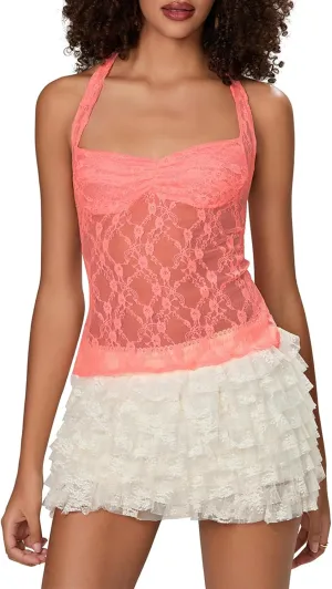 Women Y2k Lace Halter Top See Through Backless Tank Top Summer Sexy Sleeveless Going Out Club Top Camisole