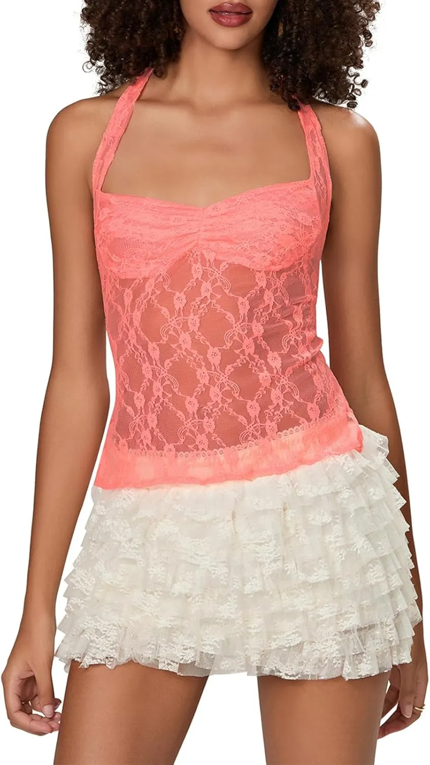 Women Y2k Lace Halter Top See Through Backless Tank Top Summer Sexy Sleeveless Going Out Club Top Camisole