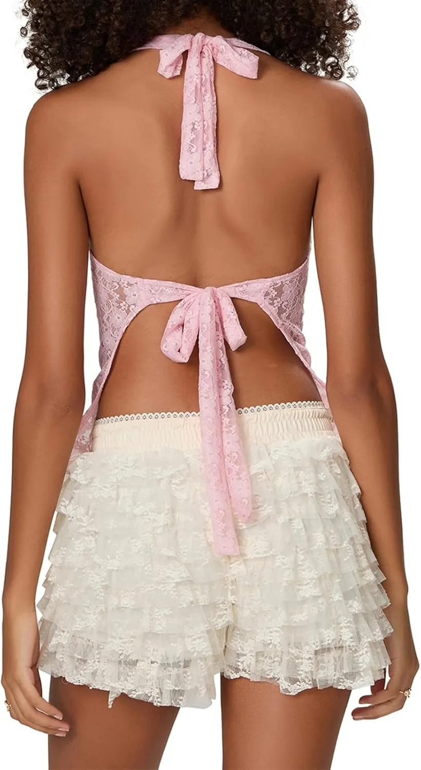 Women Y2k Lace Halter Top See Through Backless Tank Top Summer Sexy Sleeveless Going Out Club Top Camisole