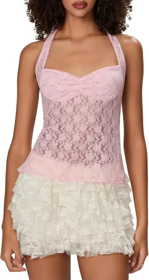 Women Y2k Lace Halter Top See Through Backless Tank Top Summer Sexy Sleeveless Going Out Club Top Camisole