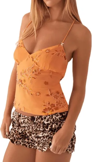 Women Y2K Sequin Cami Top Sexy V Neck Floral Rhinestone Tank Crop Top Cute Sparkle Backless Summer Camisole Top