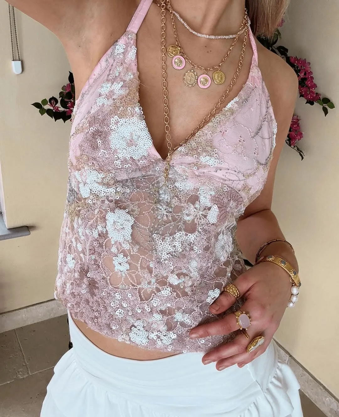Women Y2K Sequin Cami Top Sexy V Neck Floral Rhinestone Tank Crop Top Cute Sparkle Backless Summer Camisole Top