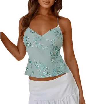 Women Y2K Sequin Cami Top Sexy V Neck Floral Rhinestone Tank Crop Top Cute Sparkle Backless Summer Camisole Top