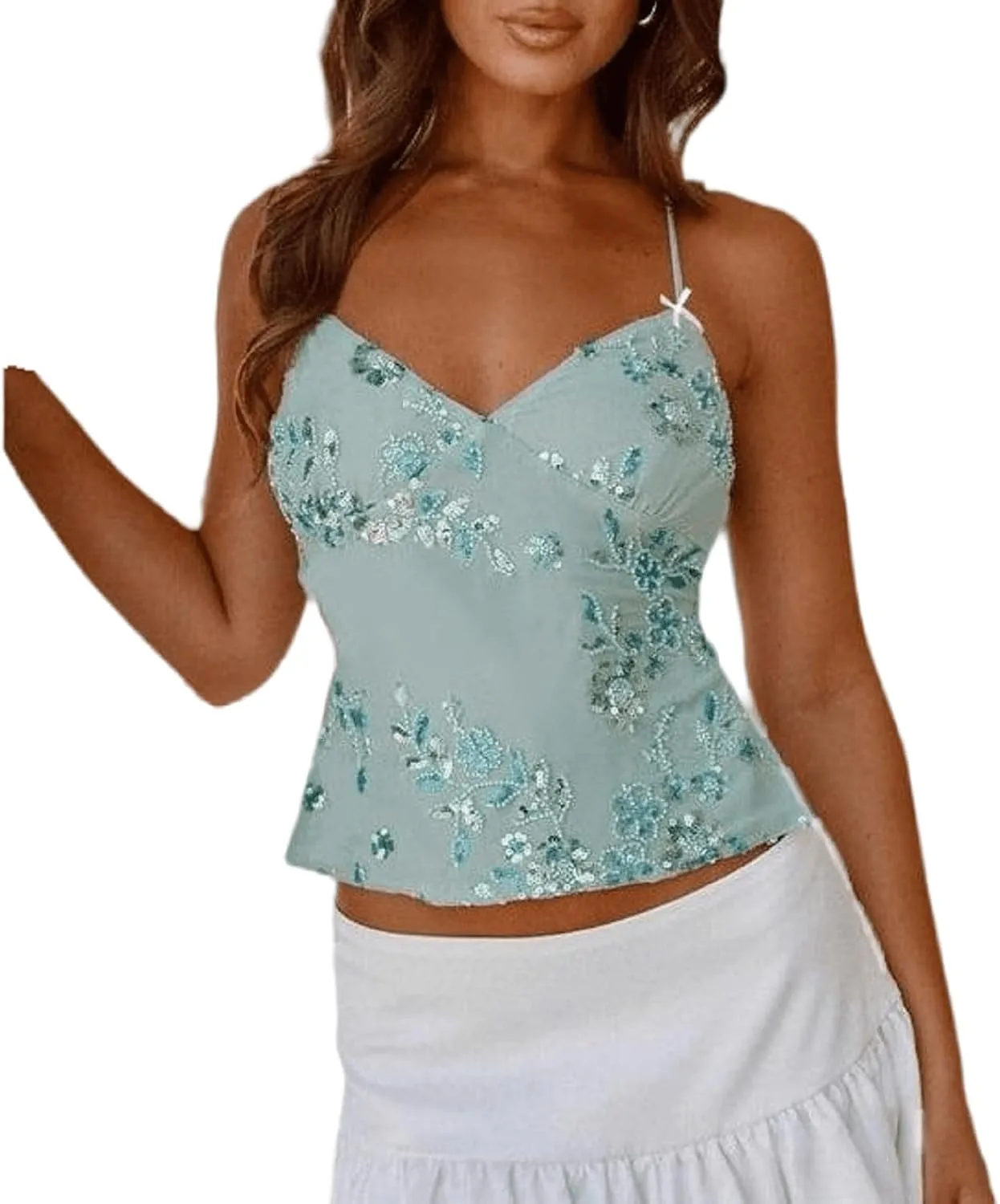 Women Y2K Sequin Cami Top Sexy V Neck Floral Rhinestone Tank Crop Top Cute Sparkle Backless Summer Camisole Top