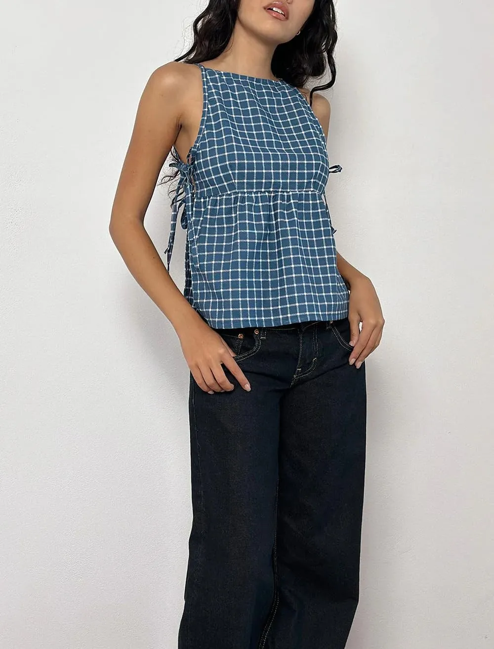 Women Y2K Split Side Tie Tank Top Floral Embroidered Cami Top Tie Front Sleeveless Crop Top Blouse