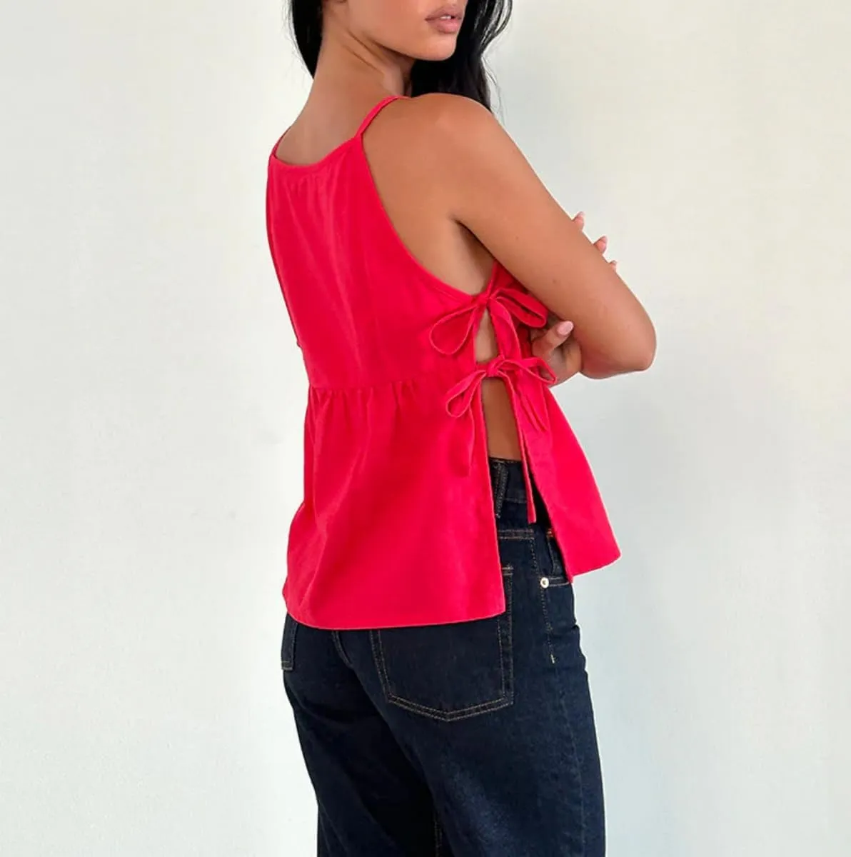 Women Y2K Split Side Tie Tank Top Floral Embroidered Cami Top Tie Front Sleeveless Crop Top Blouse