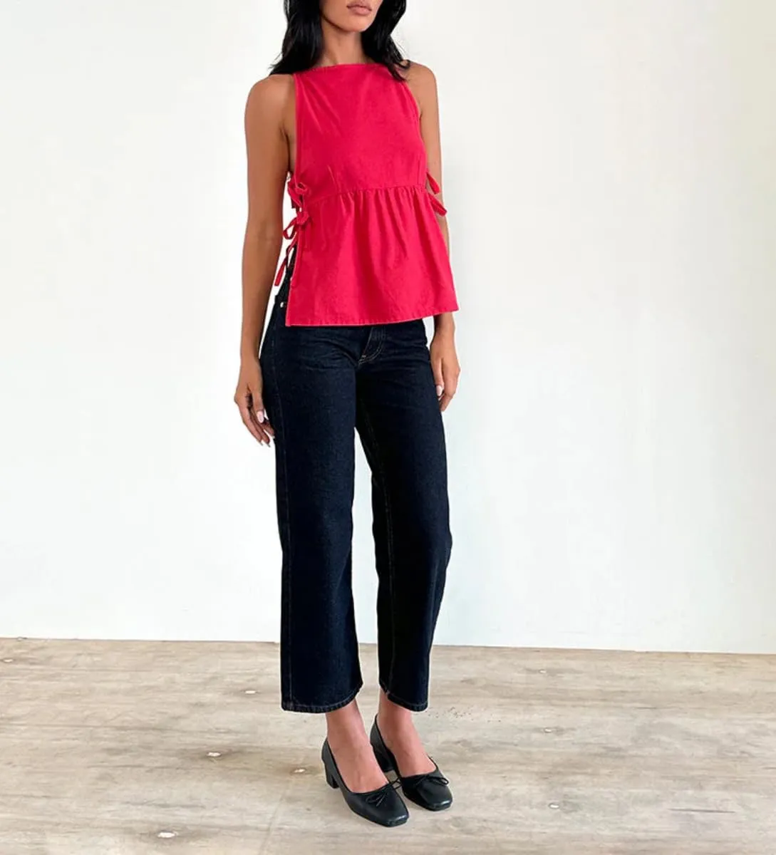 Women Y2K Split Side Tie Tank Top Floral Embroidered Cami Top Tie Front Sleeveless Crop Top Blouse