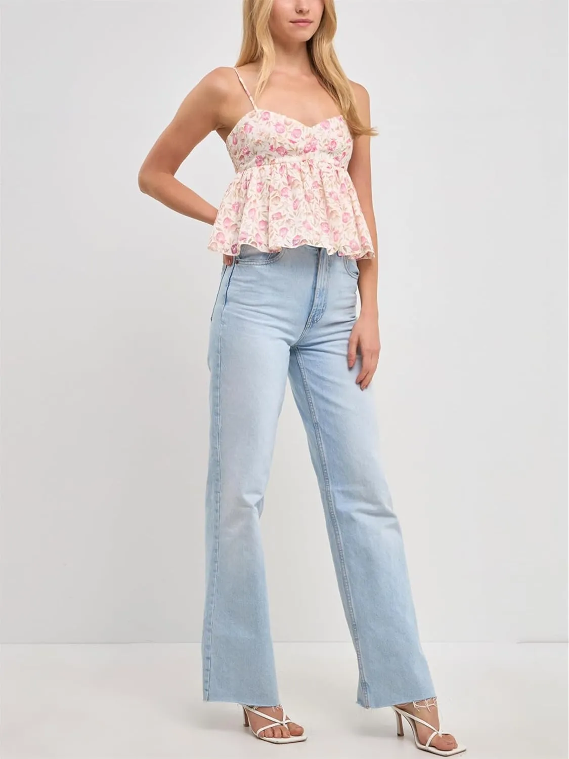 Women Y2k Tiered Layer Ruffle Hem Camisole Top Aesthetic Spaghetti Strap Sleeveless Babydoll Top Cute Vneck Tank Top