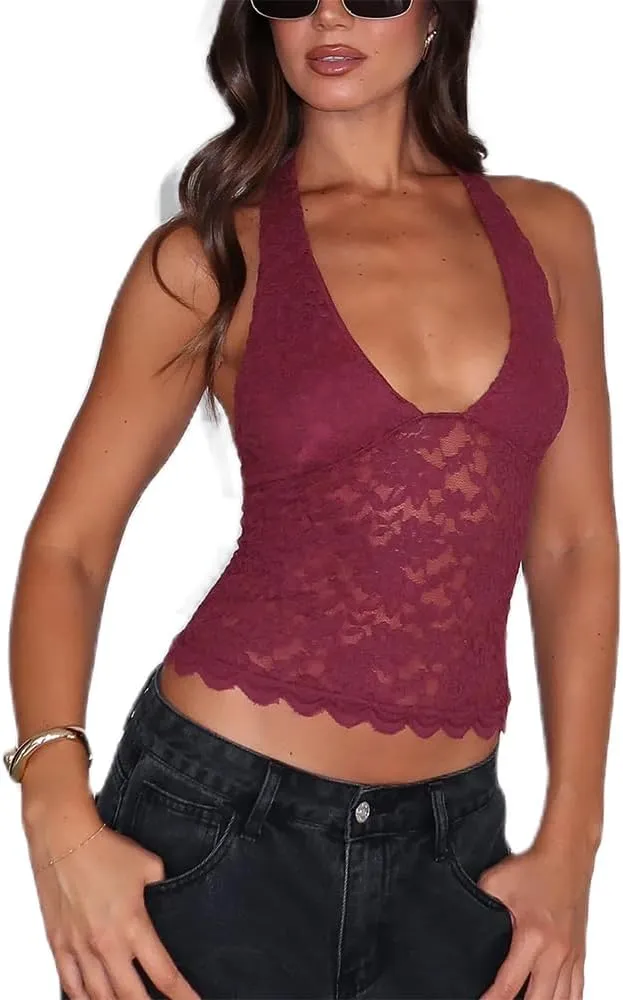 Women Y2k V Neck Cami Tank Top Lace Spaghetti Strap Cami Top See Through Sleeveless Top Sexy Going Out Camisole Top