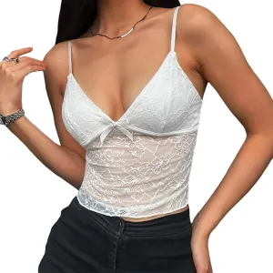 Women Y2k V Neck Cami Tank Top Lace Spaghetti Strap Cami Top See Through Sleeveless Top Sexy Going Out Camisole Top