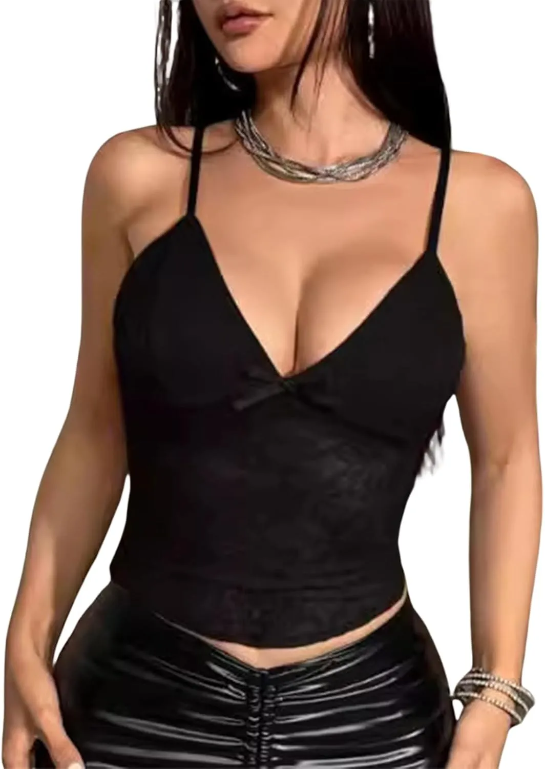 Women Y2k V Neck Cami Tank Top Lace Spaghetti Strap Cami Top See Through Sleeveless Top Sexy Going Out Camisole Top