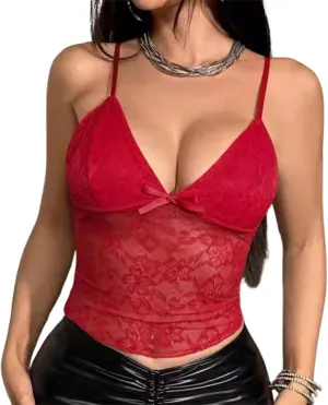Women Y2k V Neck Cami Tank Top Lace Spaghetti Strap Cami Top See Through Sleeveless Top Sexy Going Out Camisole Top