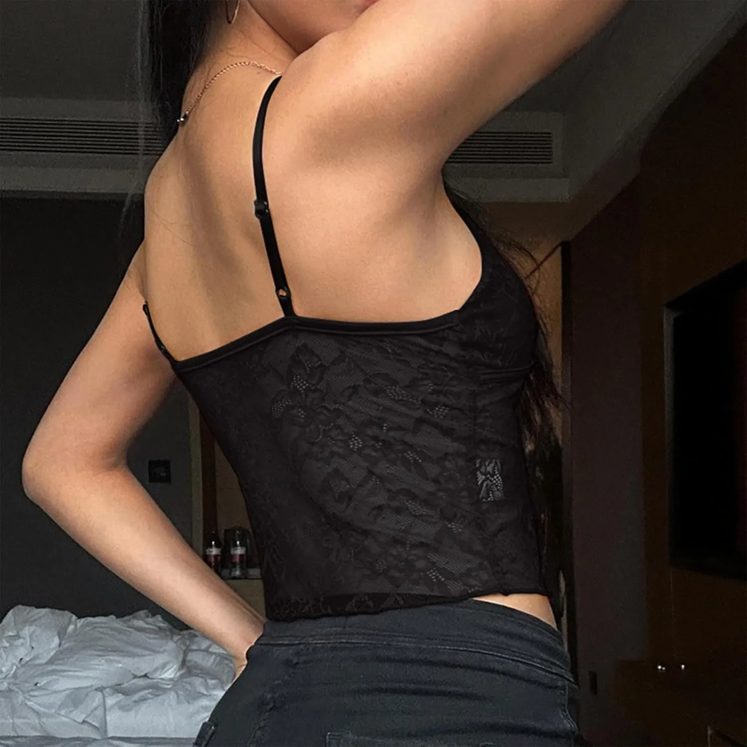 Women Y2k V Neck Cami Tank Top Lace Spaghetti Strap Cami Top See Through Sleeveless Top Sexy Going Out Camisole Top