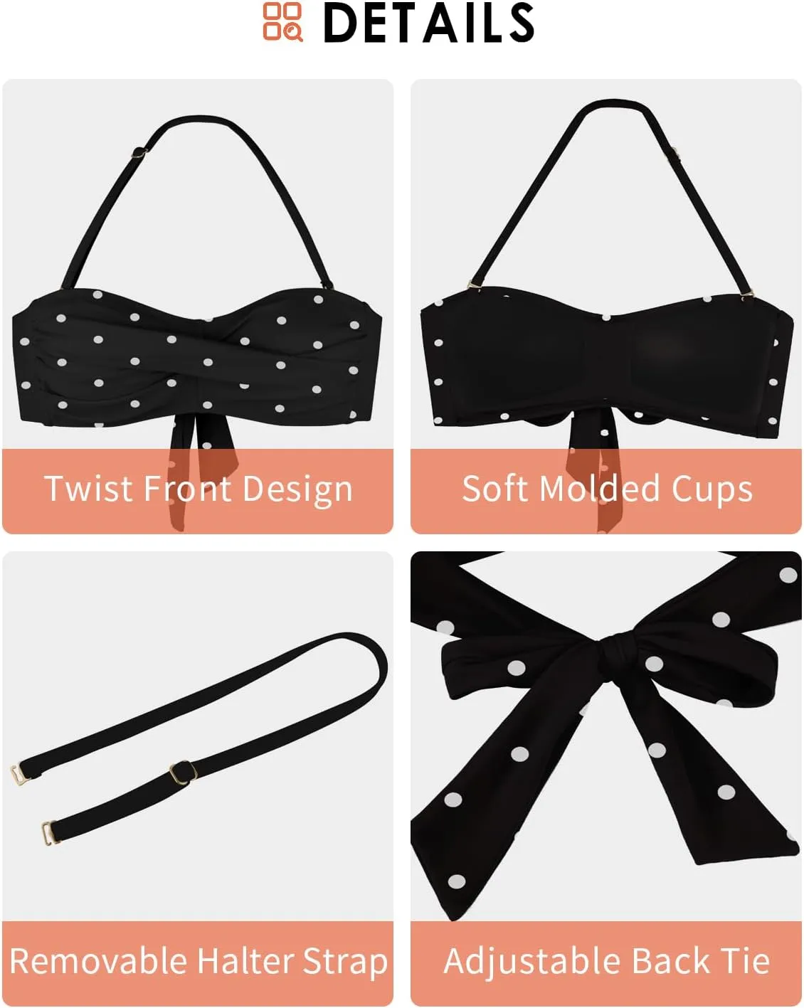 Women's Bandeau Bikini Top Strapless Tie Back Bathing Suit Top