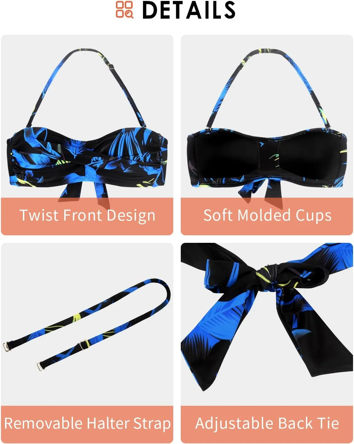 Women's Bandeau Bikini Top Strapless Tie Back Bathing Suit Top