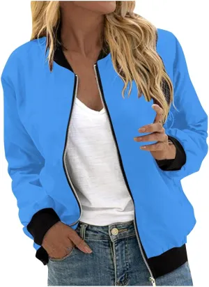 Women's Casual Floral Zip Up Bomber Jacket Long Sleeve Coat Stand Collar Lightweight Short Outwear Tops
