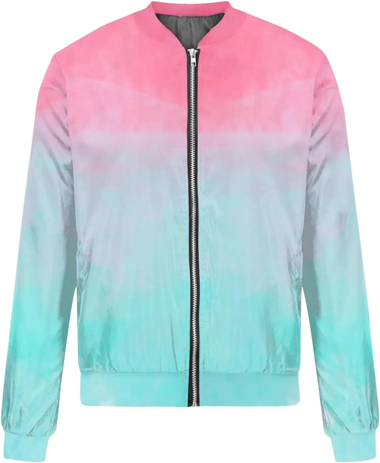 Women's Casual Floral Zip Up Bomber Jacket Long Sleeve Coat Stand Collar Lightweight Short Outwear Tops