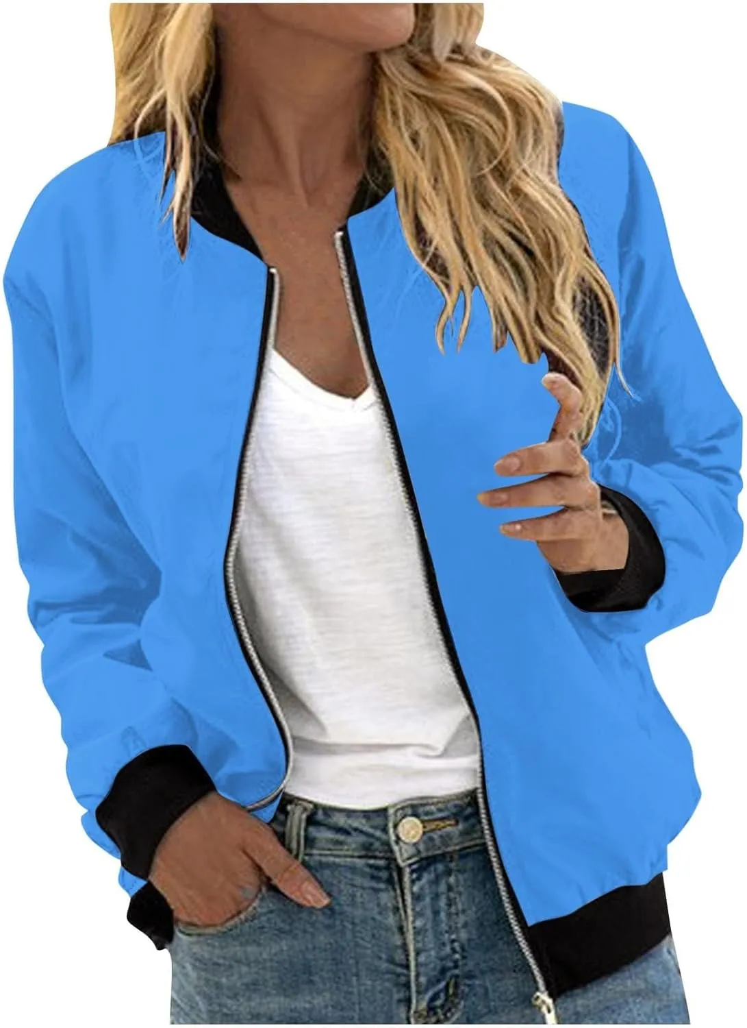 Women's Casual Floral Zip Up Bomber Jacket Long Sleeve Coat Stand Collar Lightweight Short Outwear Tops