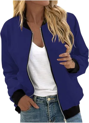 Women's Casual Floral Zip Up Bomber Jacket Long Sleeve Coat Stand Collar Lightweight Short Outwear Tops
