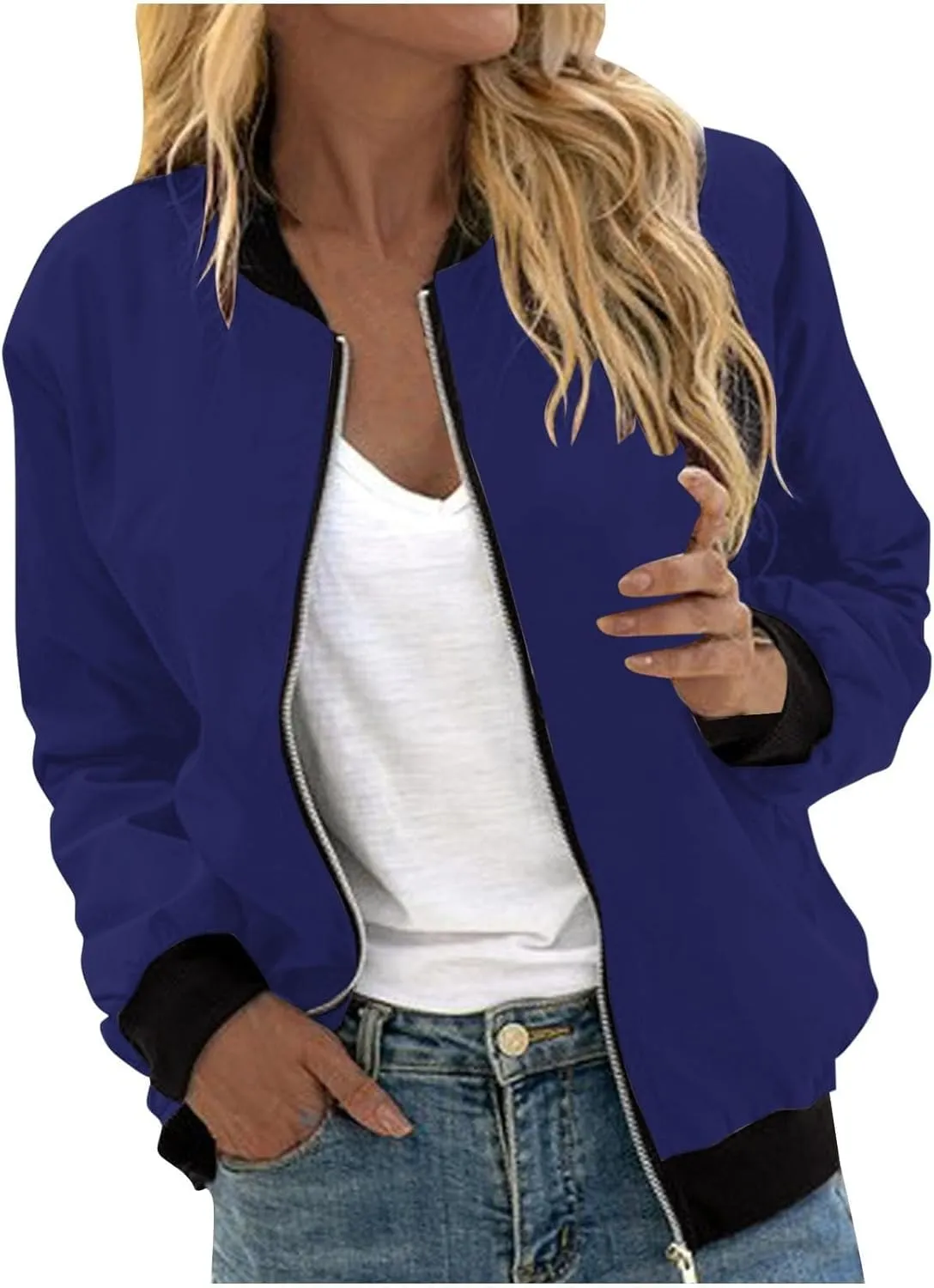 Women's Casual Floral Zip Up Bomber Jacket Long Sleeve Coat Stand Collar Lightweight Short Outwear Tops