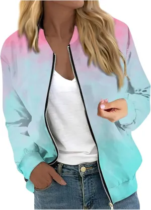 Women's Casual Floral Zip Up Bomber Jacket Long Sleeve Coat Stand Collar Lightweight Short Outwear Tops
