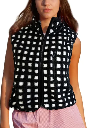 Womens Checkered Sherpa Vest Sleeveless Winter Fleece Jacket High Neck Zip Up Plaid Gilet with Chest Pocket