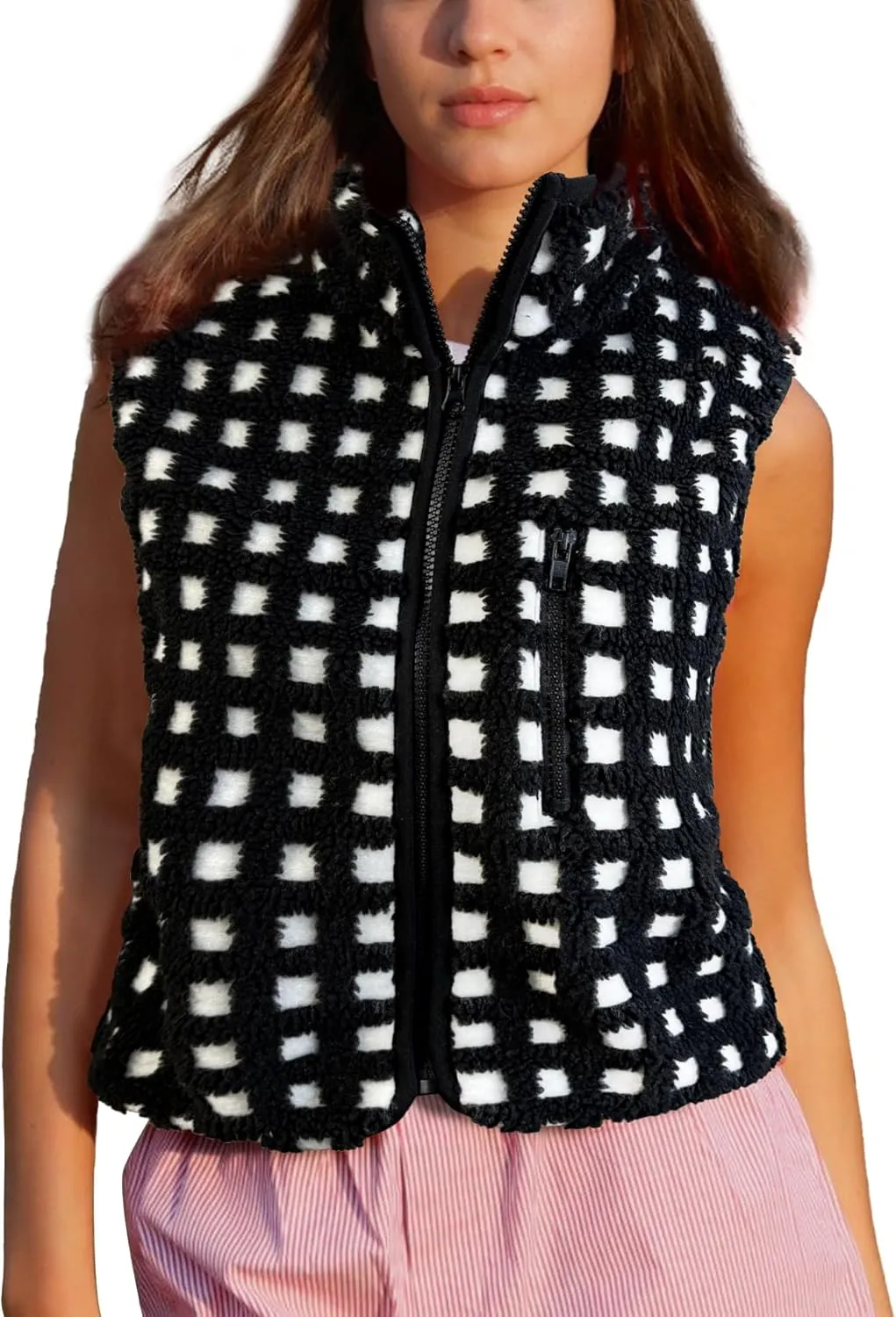 Womens Checkered Sherpa Vest Sleeveless Winter Fleece Jacket High Neck Zip Up Plaid Gilet with Chest Pocket