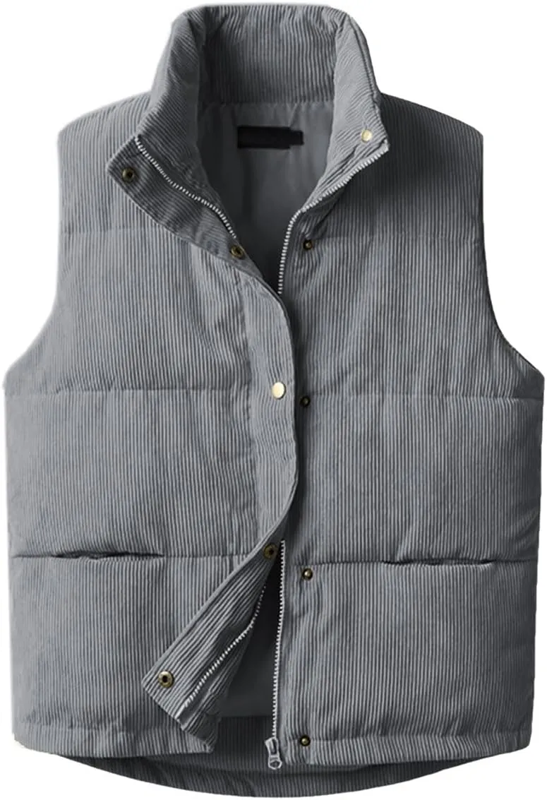 Womens Corduroy Puffer Vest Sleeveless Stand Collar Zip Up Snap Lightweight Jacket Padded Gilet Outerwear