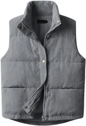 Womens Corduroy Puffer Vest Sleeveless Stand Collar Zip Up Snap Lightweight Jacket Padded Gilet Outerwear