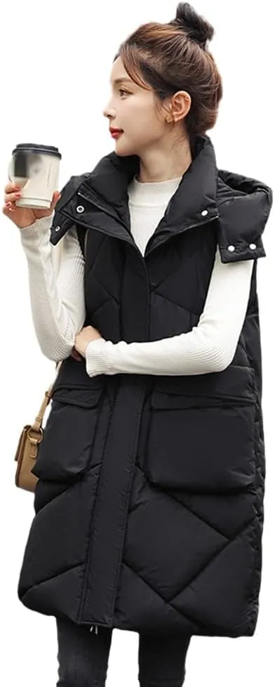 Women'S Down Vest - Autumn Winter Elegant Women Zipper Hooded Cotton Padded Vest Warm Female Sleeveless Jacket Solid