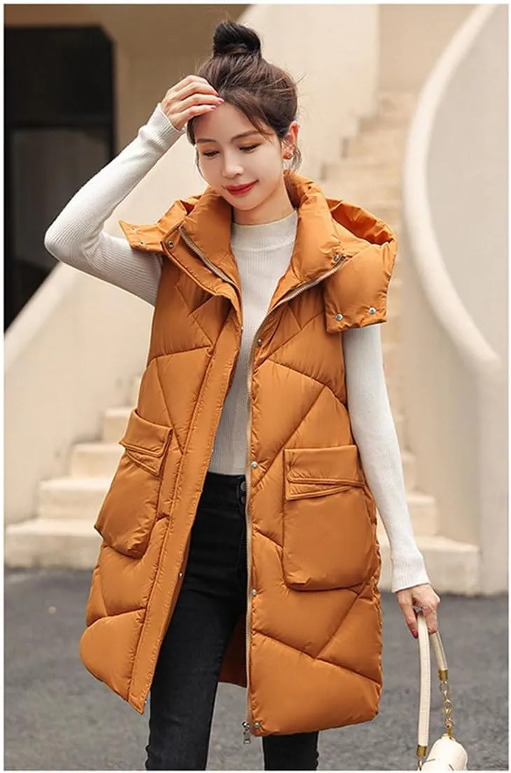 Women'S Down Vest - Autumn Winter Elegant Women Zipper Hooded Cotton Padded Vest Warm Female Sleeveless Jacket Solid