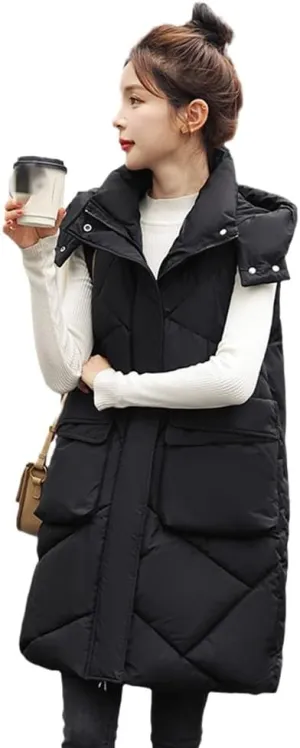 Women'S Down Vest - Autumn Winter Elegant Women Zipper Hooded Cotton Padded Vest Warm Female Sleeveless Jacket Solid