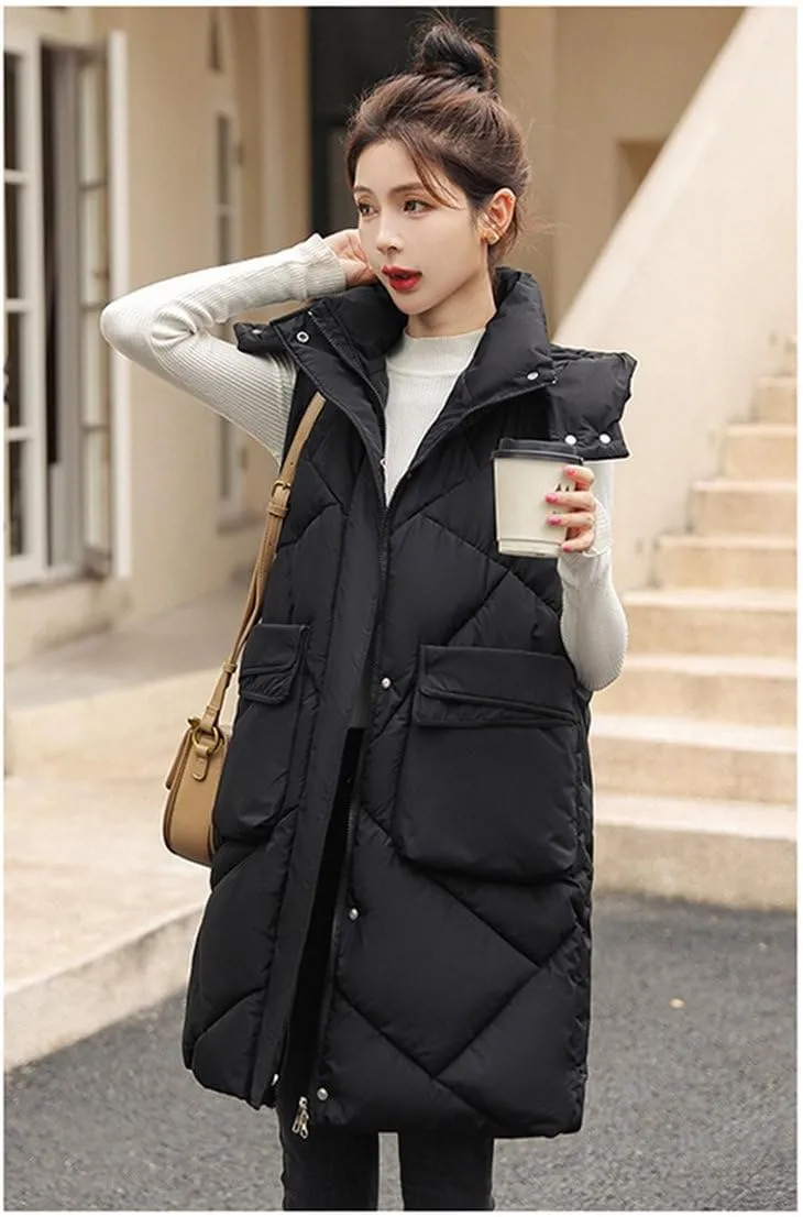 Women'S Down Vest - Autumn Winter Elegant Women Zipper Hooded Cotton Padded Vest Warm Female Sleeveless Jacket Solid