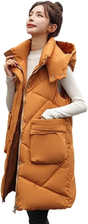 Women'S Down Vest - Autumn Winter Elegant Women Zipper Hooded Cotton Padded Vest Warm Female Sleeveless Jacket Solid