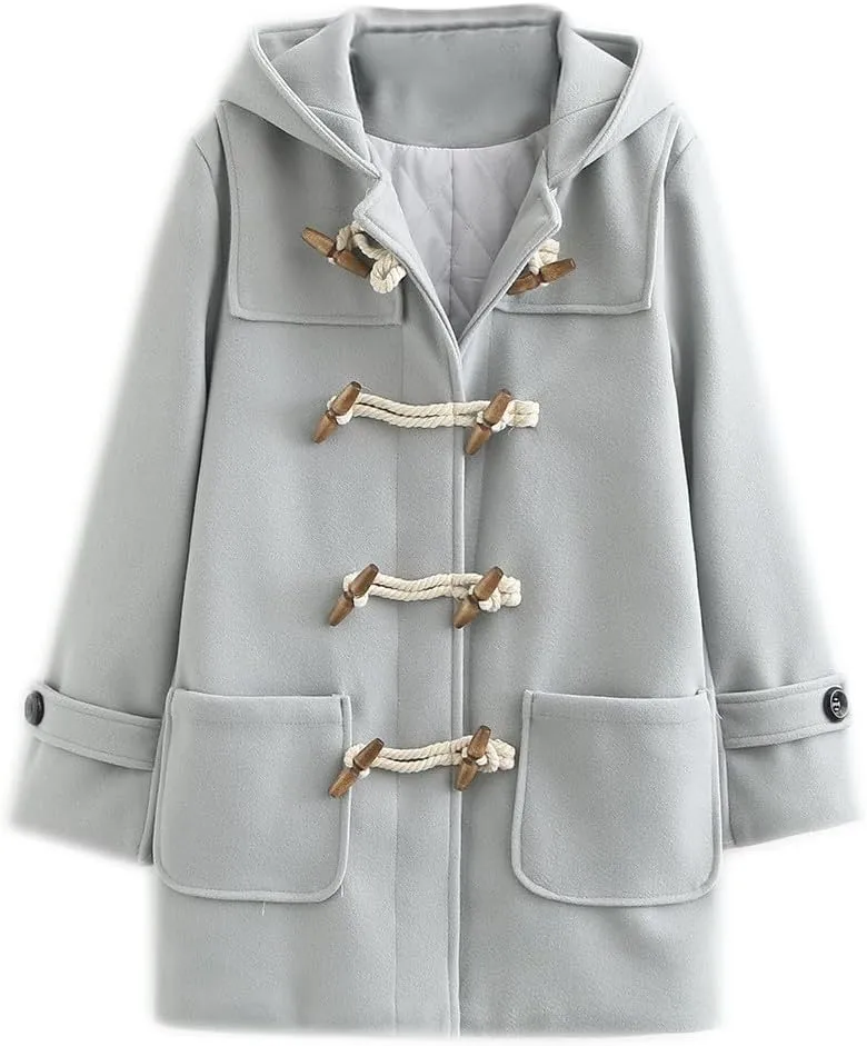 Womens Fashion Horn Button Woolen Thicken Coat with Hood Winter Warm Quilted Lined Jacket Double Breasted Trench Coats
